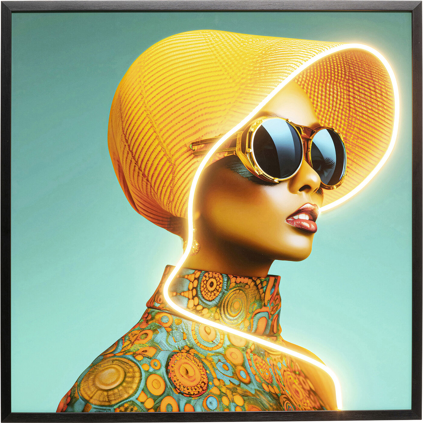 Gerahmtes Bild Sun Hat Woman Gelb LED 80x80cm