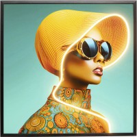 Framed Picture Sun Hat Woman Yellow LED 80x80cm