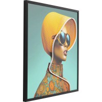 Framed Picture Sun Hat Woman Yellow LED 80x80cm